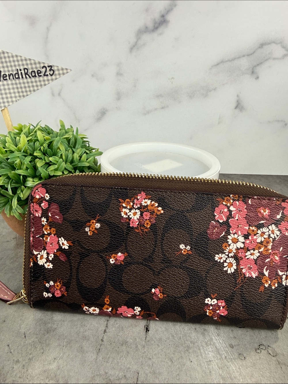 COACH Brown Floral Zip-Around Wallet with Pink & White Accents - Picture 2 of 4